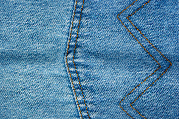 clothing items blue stonewashed faded jeans cotton fabric texture with seams, clasps, buttons and...