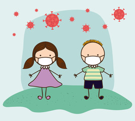 Boy and girl kids with masks against 2019 ncov virus vector design