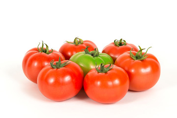 Group of red fresh tomatoes and one green tomate on a white background