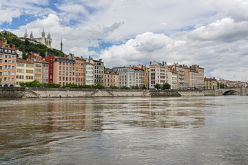 Picturesque historical Lyon Old Town buildings on the bank of Saone River. Lyon, Region Auvergne-Rhone-Alpes, France.
