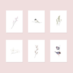 Fototapeta na wymiar cute spring postcards with hand drawn springtime elements