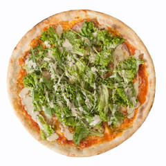 pizza with cheese, chicken, tomatoes, lettuce and cesar sauce isolated over white background. Top view
