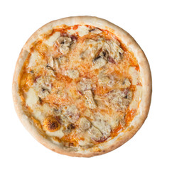 pizza with cheese, mushrooms and sausage isolated over white background. Top view
