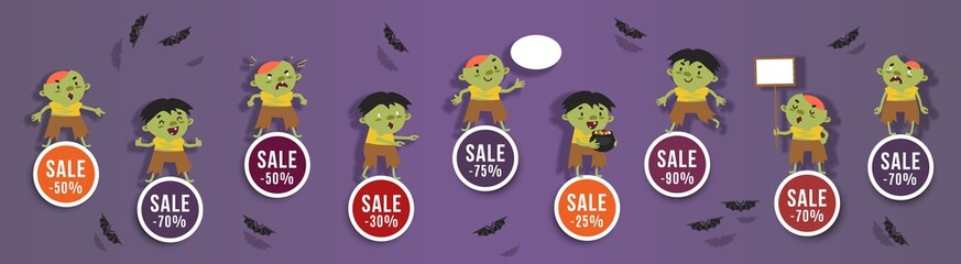 Halloween discounts set of round banners with cute zombie and bats. Isolated vector clip art with amusing Halloween characters for festive sale design