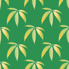 Cannabis leaves seamless vector pattern background. Hand drawn green and gold hemp foliage backdrop. Stylish geometric marijuana design. All over print for wellness, health concept,packaging, print