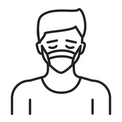 Man in breathing medical respiratory mask black line icon. Allergy. Flu, virus, epidemic prevention. Pictogram for web page, mobile app, promo. 