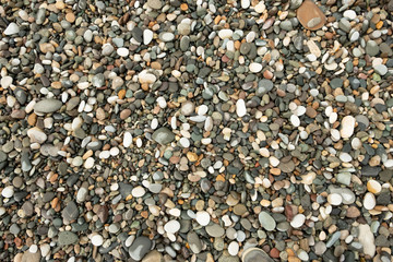 Background of sea pebbles. Abstract wallpaper of stones on the ocean. Multi-colored pebbles.	