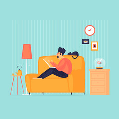 Man sits on a sofa with a laptop, remote work, self-isolation, a weekend. Flat design vector illustration.