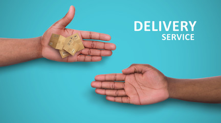 Obraz premium Shipment service collage. Delivery boy handing heap of parcels to his client, closeup. Panorama