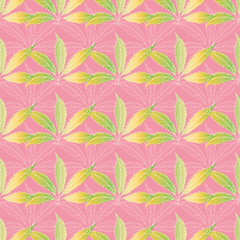Cannabis leaves seamless vector pattern background. Hand drawn green and gold hemp foliage on pink backdrop. Stylish geometric marijuana design. All over print for wellness, health concept,packaging