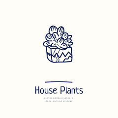 Cute hand drawn house plants in pots in doodle cartoon style isolated on white background.  Quarantine positive doodle icons, home elements.