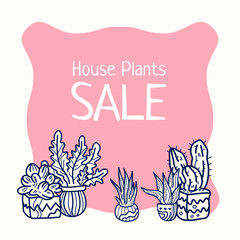 Cute hand drawn house plants in pots in doodle cartoon style isolated on white background.  Quarantine positive doodle icons, home elements.