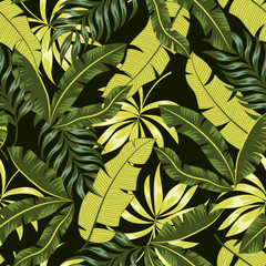 Abstract seamless tropical pattern with bright plants and leaves on a dark background. 
Exotic jungle wallpaper. Seamless exotic pattern with tropical plants. 
Beautiful exotic plants. 