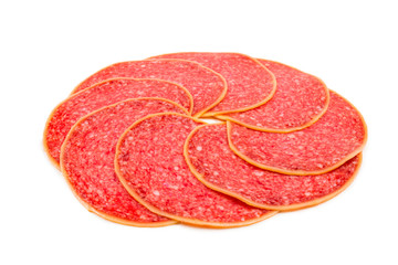 Salami slices isolated on white background.