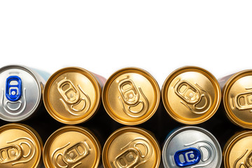 Group of aluminium cans in a row, cold drink.