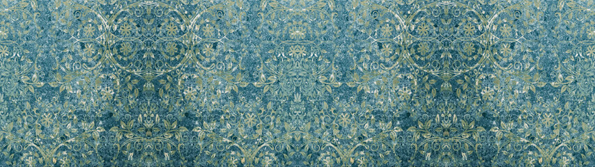 Old turquoise aquamarine vintage shabby patchwork with flower leaves print motif tiles stone...