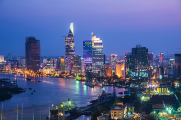 Ho Chi Minh city with Sigon river view at night - obrazy, fototapety, plakaty
