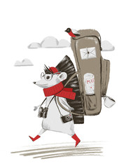 Hedgehog is a traveler with a large backpack. Children's illustration. Hedgehog illustration for children on a white background.