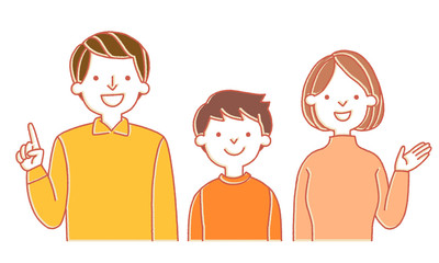 案内・解説をする家族3人のイラスト（シンプルカラー）