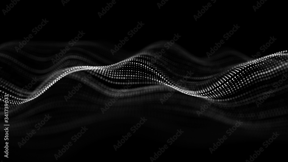 Aufkleber Wave of particles. Abstract background with a dynamic wave. Big data. 3d rendering.