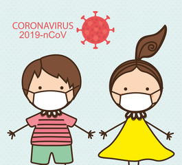 Boy and girl kids with masks against 2019 ncov virus vector design