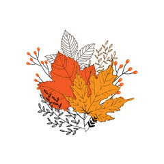 Autumn bouquet of red,yellow and orange leaves ,vector illustration isolated on white background.