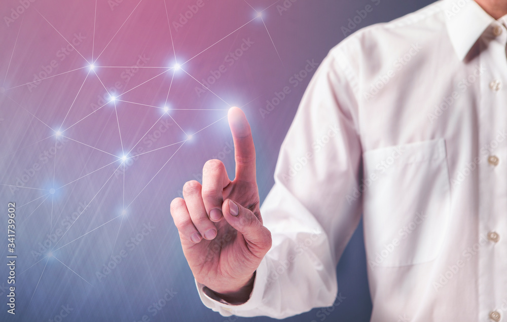 Poster businessman on blurred background touching flying network