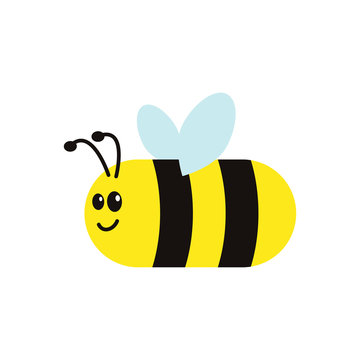 Lovely simple design of a yellow and black cute bee on a white background. Vector illustration isolated.
