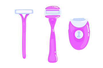 pink hair removal devices and supplies for women. razor, trimmer, epilator. isolated vector illustration on white background. epilation and depilation tools for home use for smooth skin