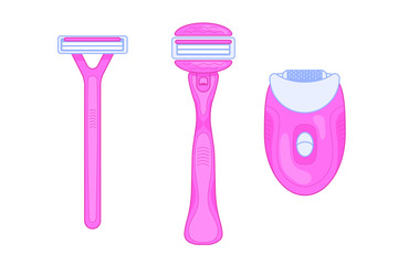 pink hair removal devices and supplies for women. razor, trimmer, epilator. isolated vector illustration on white background. epilation and depilation tools for home use for smooth skin. shaving