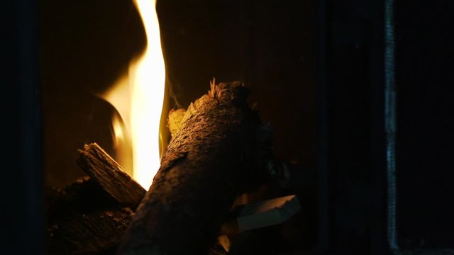 Close up of burning wood in wood-burning stove