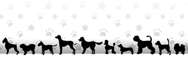 Header with black dogs silhouettes on light background with stars and paws. Horizontal vector illustration.