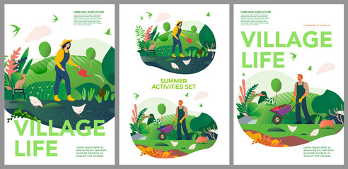 Vector spring and summer posters set. Happy Spring and summer. Farm and agriculture. Vector cute illustrations of village life and objects for poster, banner or postcard.