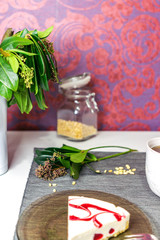 Breakfast at home with tea and cheesecake