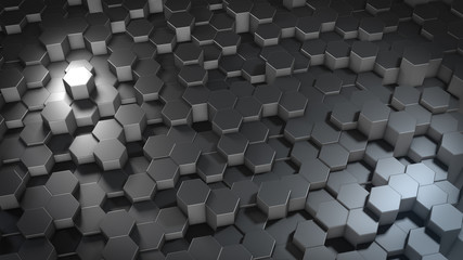 3D rendering of abstract hexagonal geometric metallic surfaces in virtual space