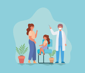 Girl kid with mother vaccination and doctor with mask against 2019 ncov virus vector design