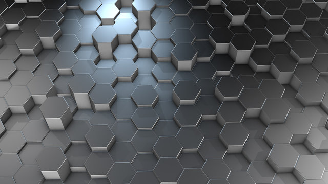 3D rendering of abstract hexagonal geometric aluminum surfaces in virtual space © Vitaly