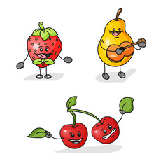 Cherry berry, pear, strawberry. Vector flat cartoon icon with emotions