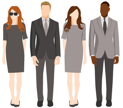 Flat Digital Illustration Vector People Adults Fashion Business People Office Attire - four people, women in work dresses and men in suits - flat faceless vector illustration