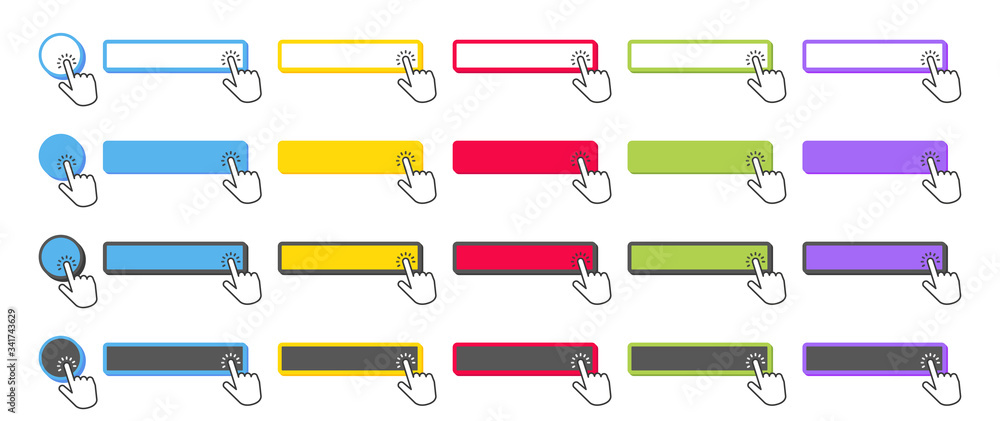 Poster click button. collection cursor pointer clicking on buttons, pointing hand clicks and color web ui b