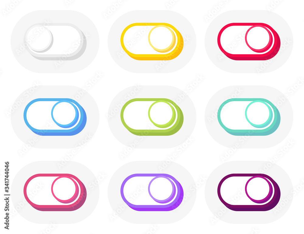 Poster on and off toggle switch buttons. modern 3d flat style of different colors. vector