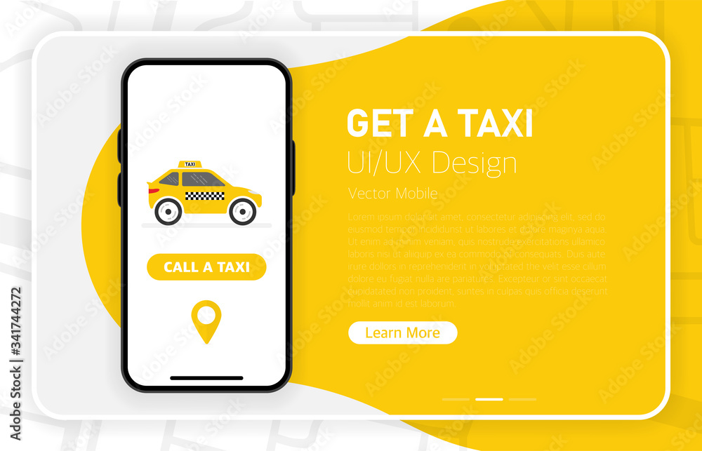 Poster get a taxi. call a taxi. smartphone blank screen. modern design. device mockup. ui and ux design int