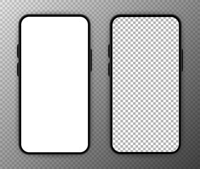 Two realistic smartphone mockup set. Mobile phone blank, white, transparent screen design on transparent background. Vector illustration.