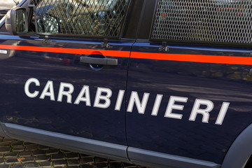 Close up of Italian Arma dei carabinieri (Arm of Carabineers) car with white letters inscription Carabieneri in Italian