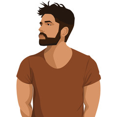 Flat Vector Illustration Strong Attractive Man with Beard and Trendy Hair Looking to the Side