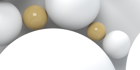 Abstract background with 3d spheres. Golden and white bubbles. Vector illustration of balls textured with halftone pattern. Jewelry cover concept. Horizontal banner. Decoration element for design