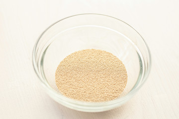 close up detail of dry dried yeast powder on a white background in a glass bowl 