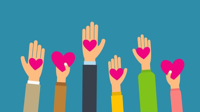 Charity and donation concept. People give hearts in palm hand. HD video animation with alpha channel.