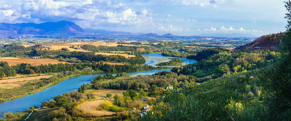 Scenic nature landscape with most famous rivers of Italy - Tevere. Nazzano Romano, Lazio region