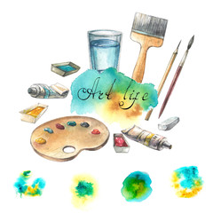 Watercolor illustration with fine art objects